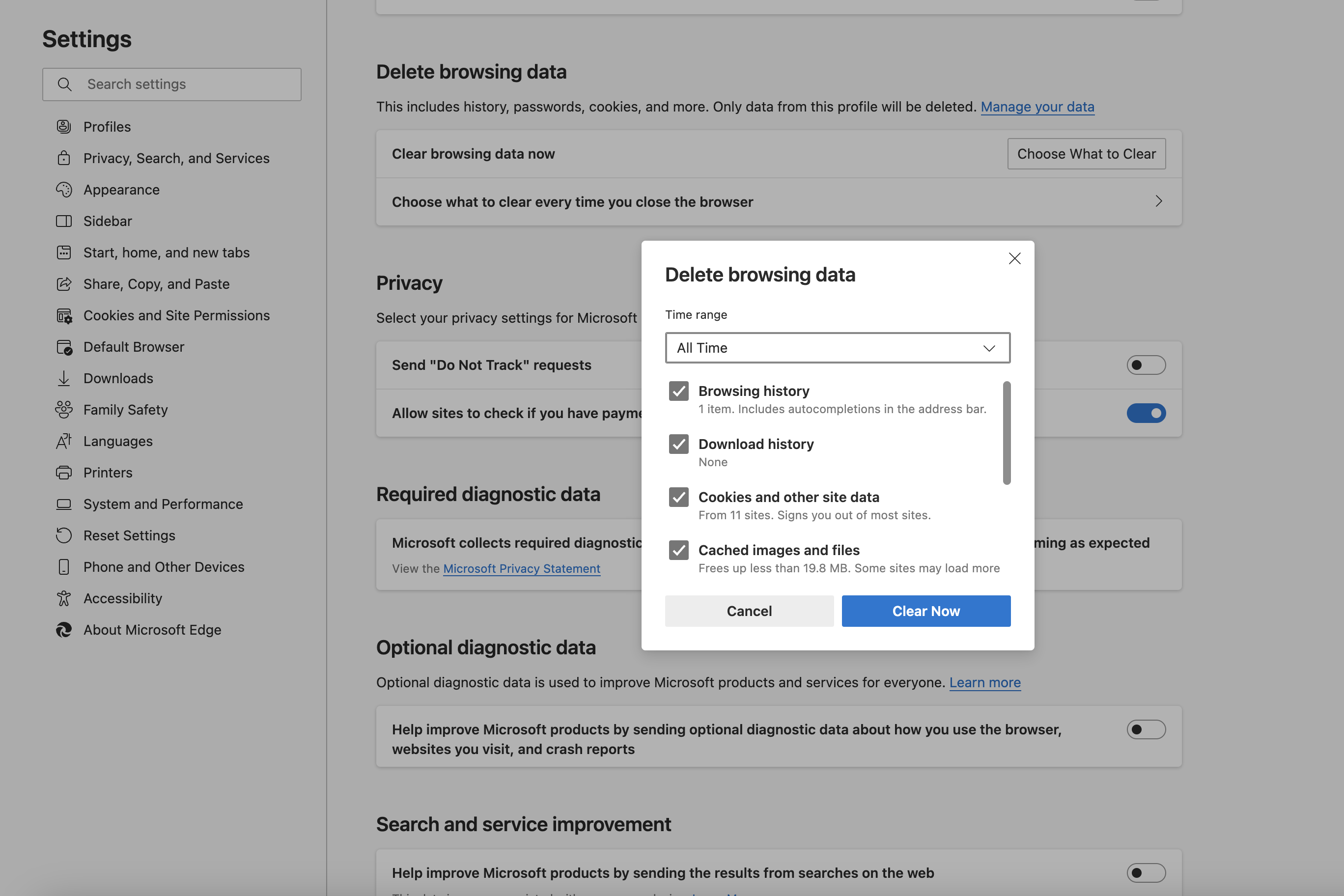 Smodin’s screenshot of the Microsoft Edge settings to clear cache. 